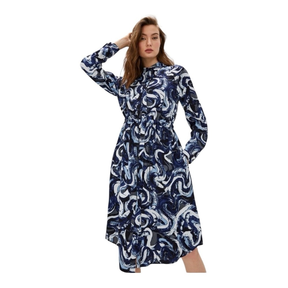 Max & Co Carmen Blue Swirl Tie Waist Long Sleeve MIDI Length Shirt Dress Size 4